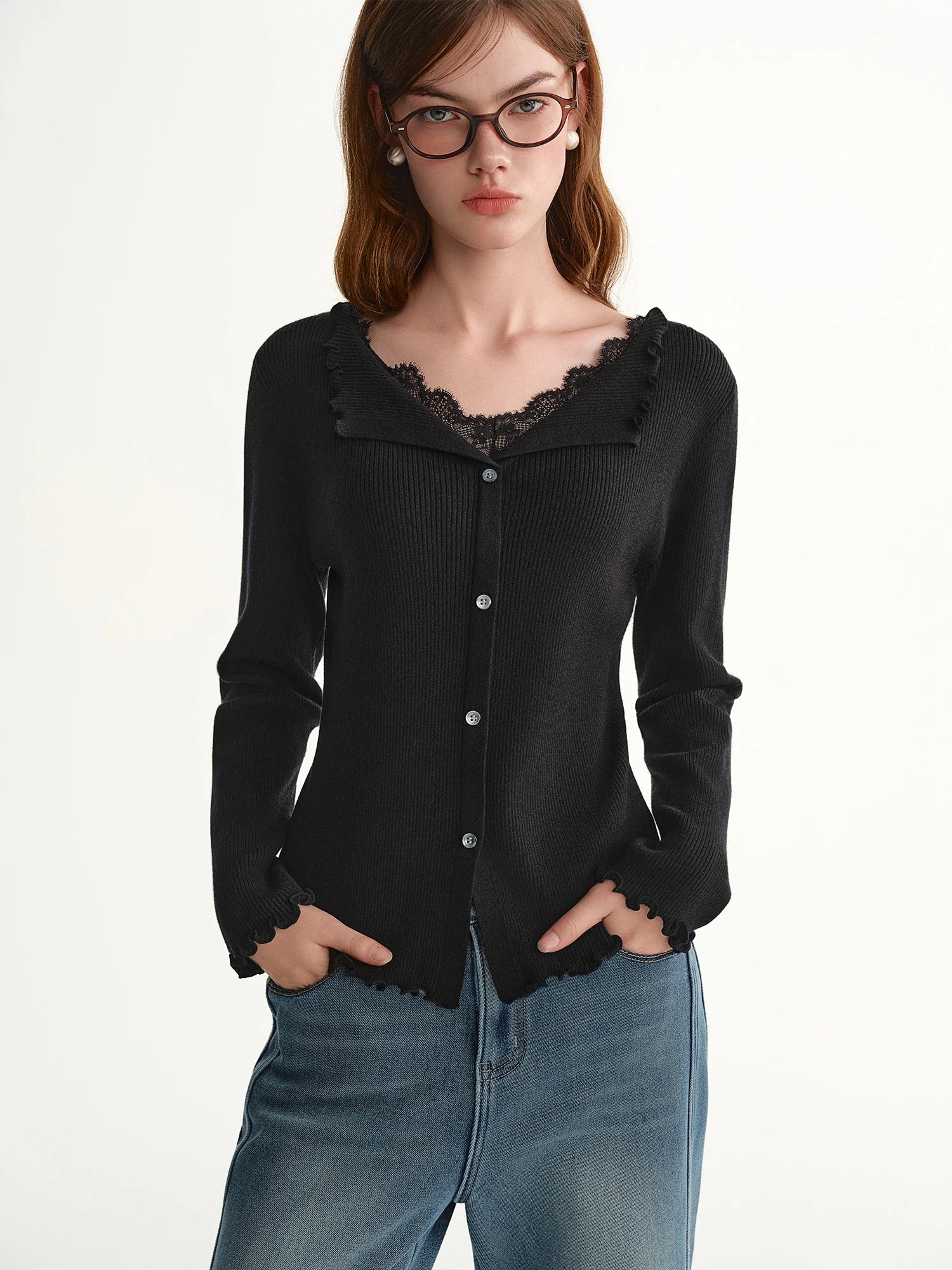 DUSHU【Lovely Christmas】2025 Plus Size Lace Trim Stand Collar Ribbed Knit Sweater Slimming Baselayer Turtleneck Elegant Blouse