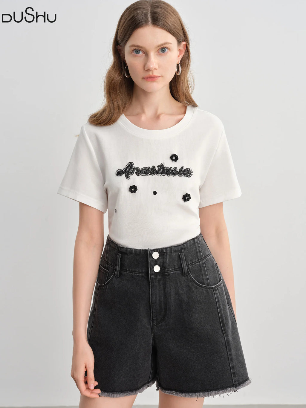 DUSHU Plus Size Versatile Casual Letter T-shirt 2025 Summer New Slightly Fat Printed Slim Short-sleeved Top 25DS82707