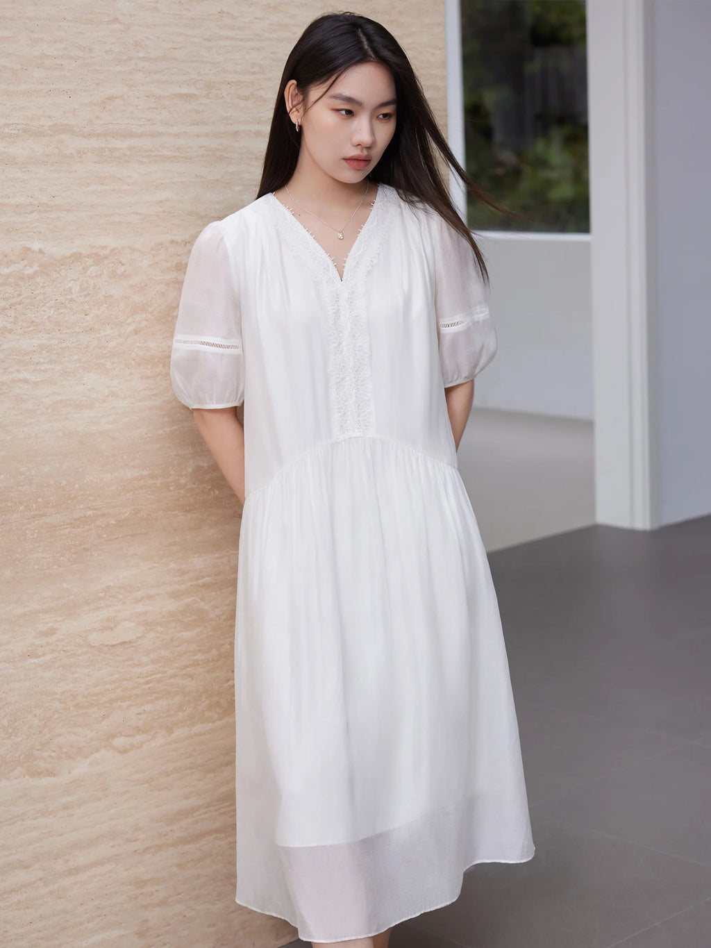 DUSHU Women Summer White Loose Dress Lace Design V-Neck Short Sleeve Female Lyocell A-LINE Thin Dresses 25DS81319