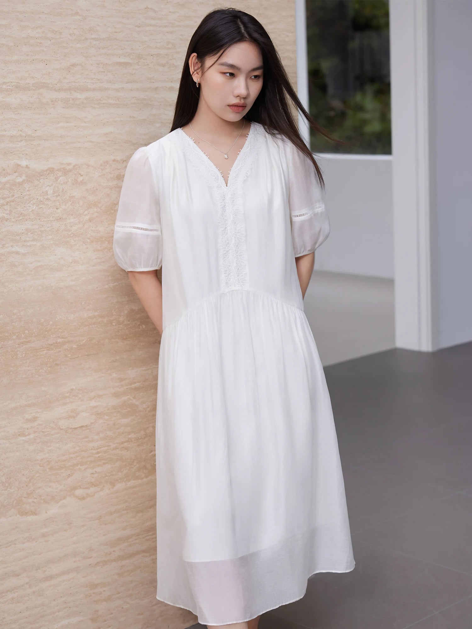 DUSHU Women Summer White Loose Dress Lace Design V-Neck Short Sleeve Female Lyocell A-LINE Thin Dresses 25DS81319