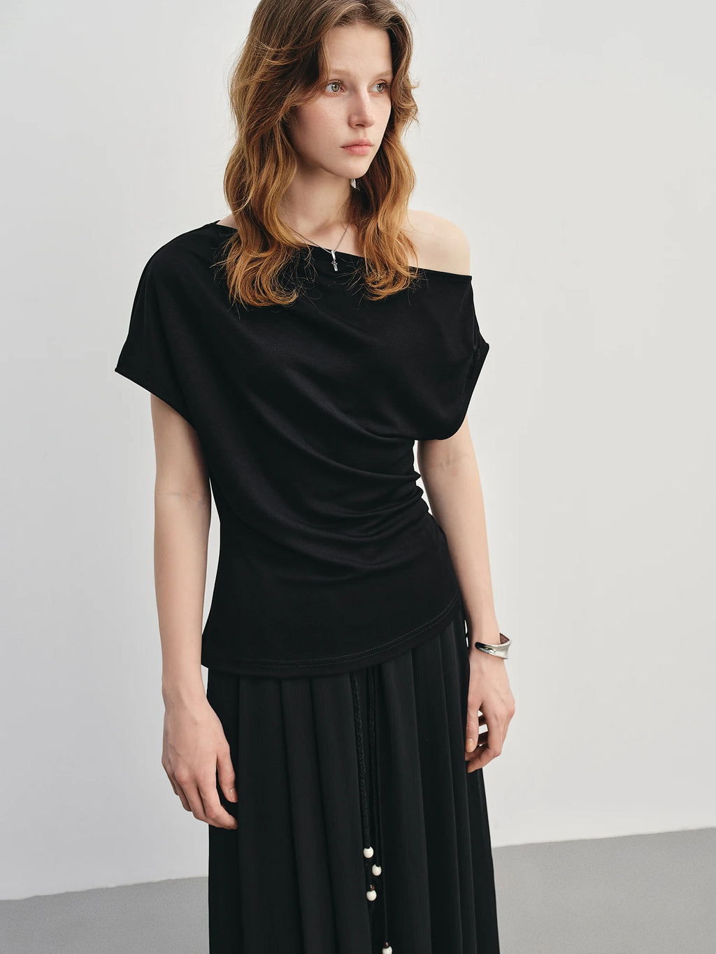DUSHU Summer 2025 Acetate T-Shirt - Off-Shoulder Draped Neck Waist Tucks Slim Fit Casual Top Women Fashion