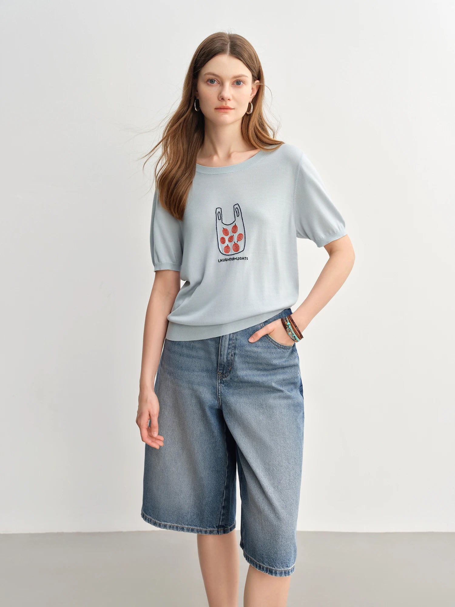 DUSHU Plus Size Women Top Lyocell T-shirt Summer 2025 New Arrival Fruit Embroidery Short-sleeved Knitted Sweater Top 25DS82856