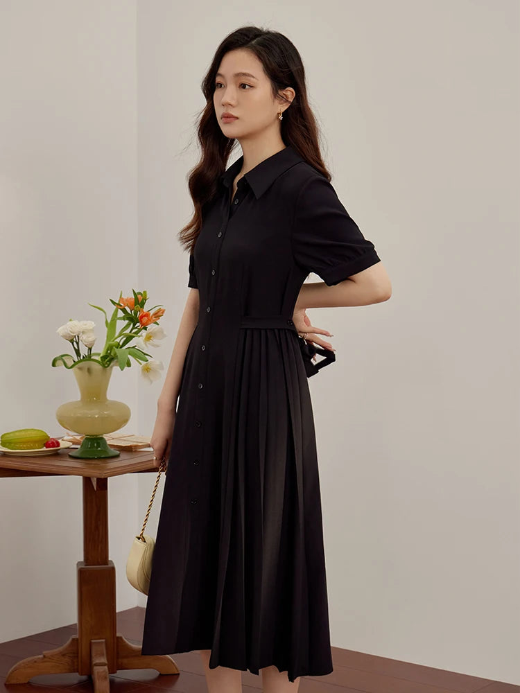 DUSHU Temperament Commuter Tie Waist Shirt Dress for Women Summer New Office Lady Necessary Solid Color Long Shirt Dress Female