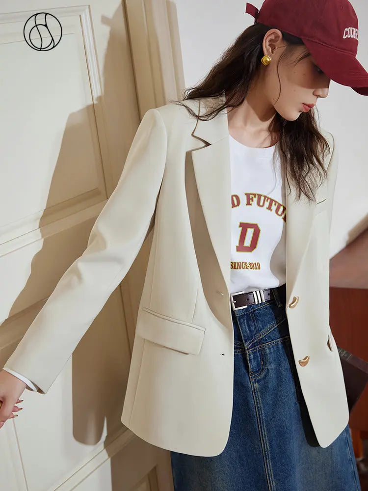DUSHU Women Spring Blazer Simple Beige Casual Jackets Office Lady Loose Women Blazers Coat Female Solid Suit 2023 New Coats