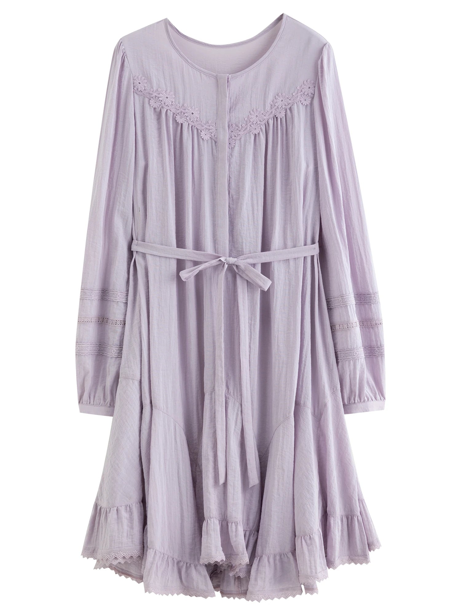 DUSHU 2026 Spring Women's French-Inspired Lace Trim Asymmetric Hem Purple Retro Dress - Elegant Vintage Style Ruffle Detail