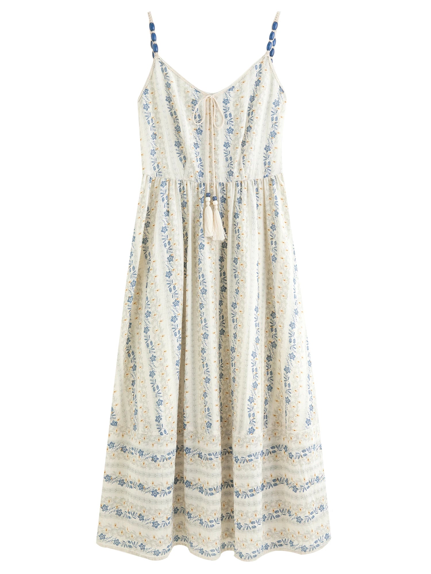 DUSHU Summer 2025 Textured Bead Sundress - Fluid Tassel Adjustable Tie Resort to Office Casual Fresh Style