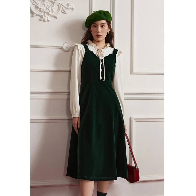 DUSHU Retro Petal Collar V-neck Camisole Dress Autumn Winter Design Sense Stacked Long A-Line Skirt Female Vintage Strap Dress