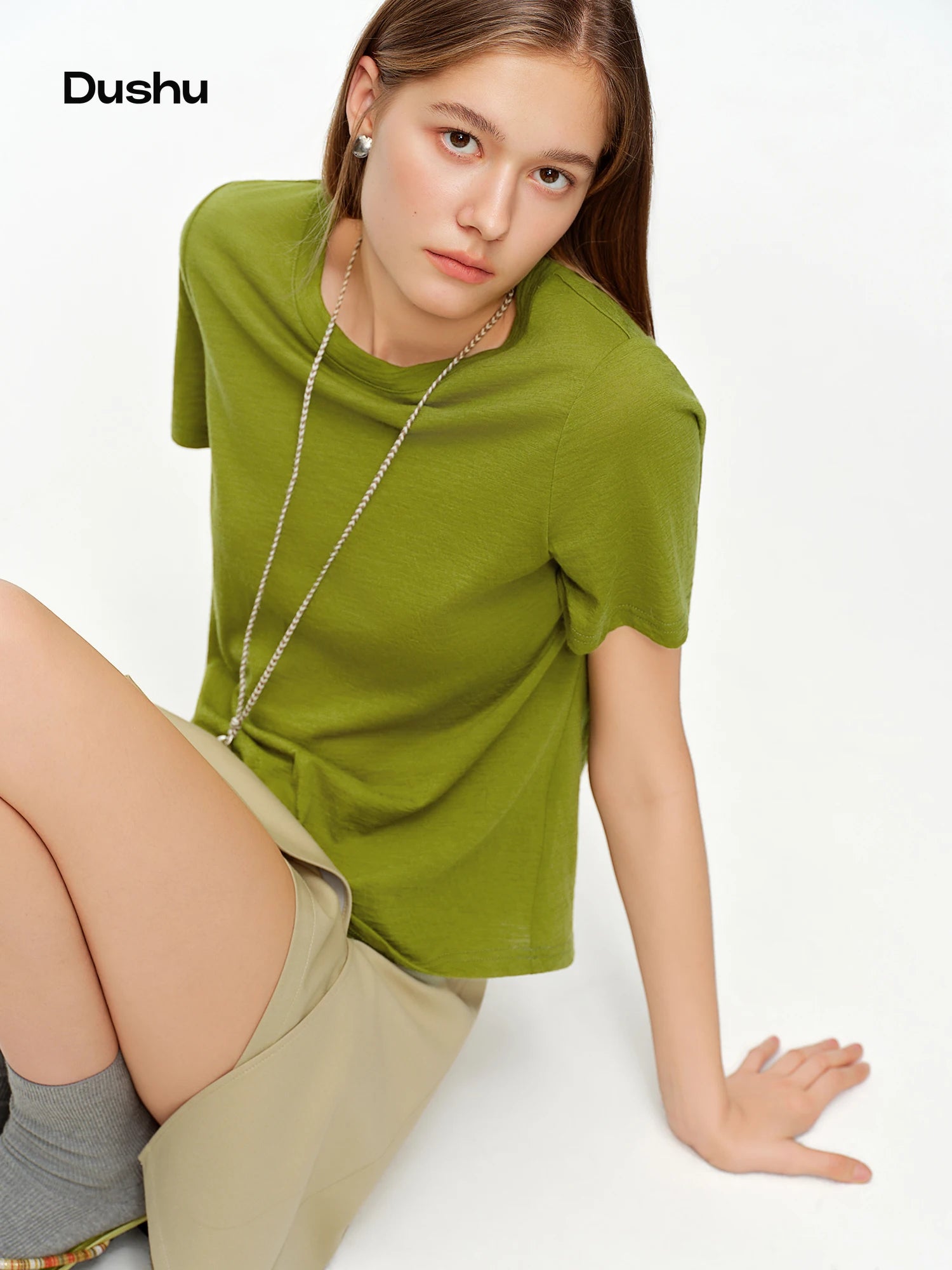 DUSHU Women's Green and Gray Contrasting Color Layered Two-Piece Knit T-Shirts Spring 2026 New Arrival Fashion Long Sleeves Tops