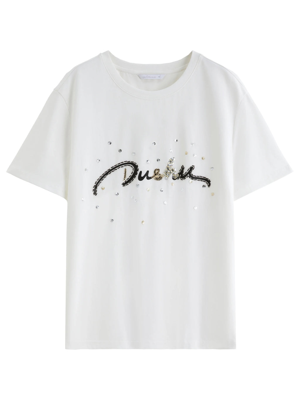 FSLE Summer 2025 Letter Print T-Shirt - Beaded Detail Round Neck Loose Fit Casual Top Women Fashion