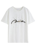 FSLE Summer 2025 Letter Print T-Shirt - Beaded Detail Round Neck Loose Fit Casual Top Women Fashion