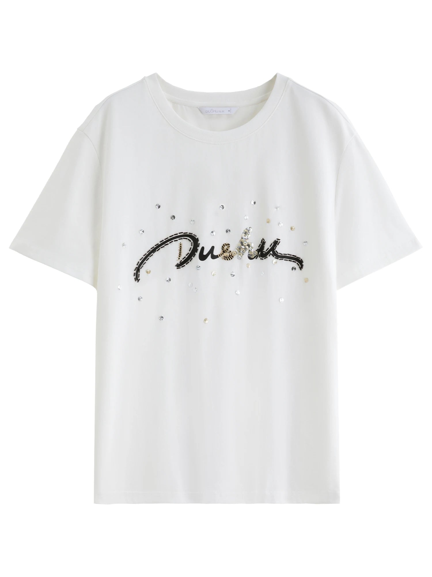 FSLE Summer 2025 Letter Print T-Shirt - Beaded Detail Round Neck Loose Fit Casual Top Women Fashion