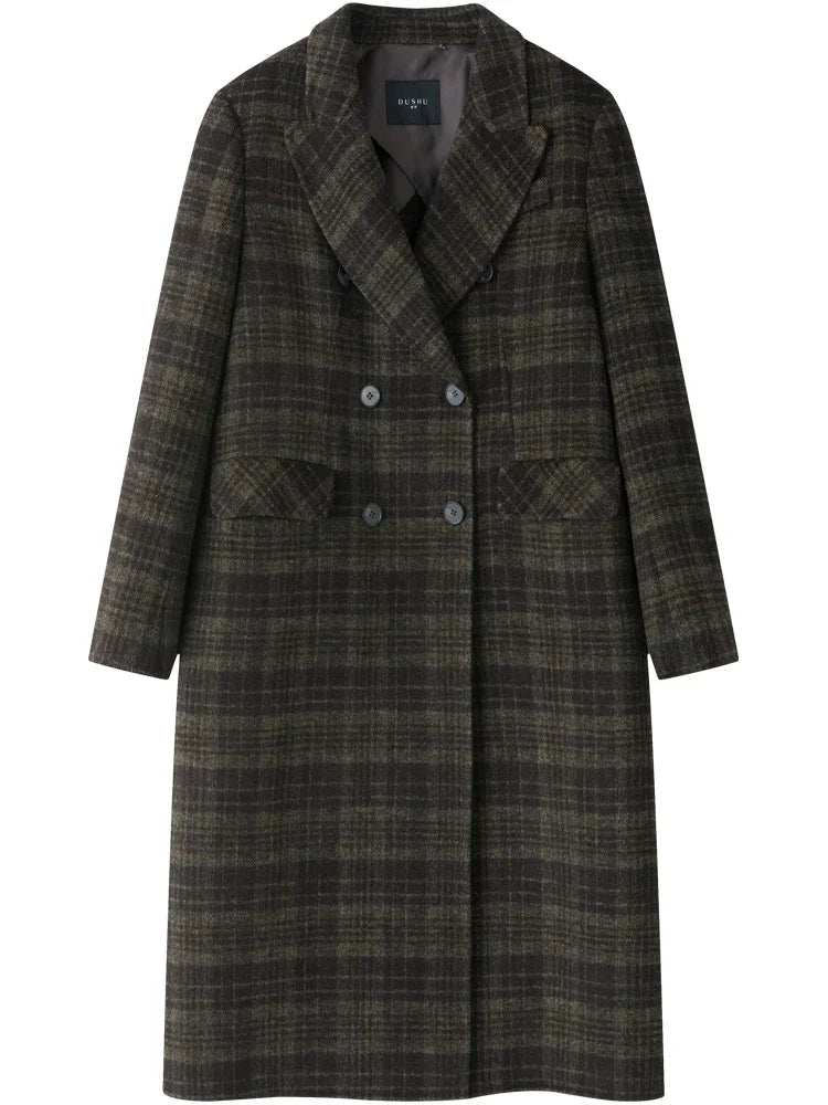 DUSHU 69.6% Wool Temperament British Style Women Long Plaid Wool Coats Notched Coolar Double Breasted Front Shoulder Female Coat