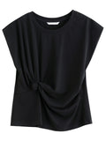 DUSHU 2025 Summer Women's Cinched Waist T-Shirt - Flattering Silhouette Short Sleeve Top with Stylish Design Details