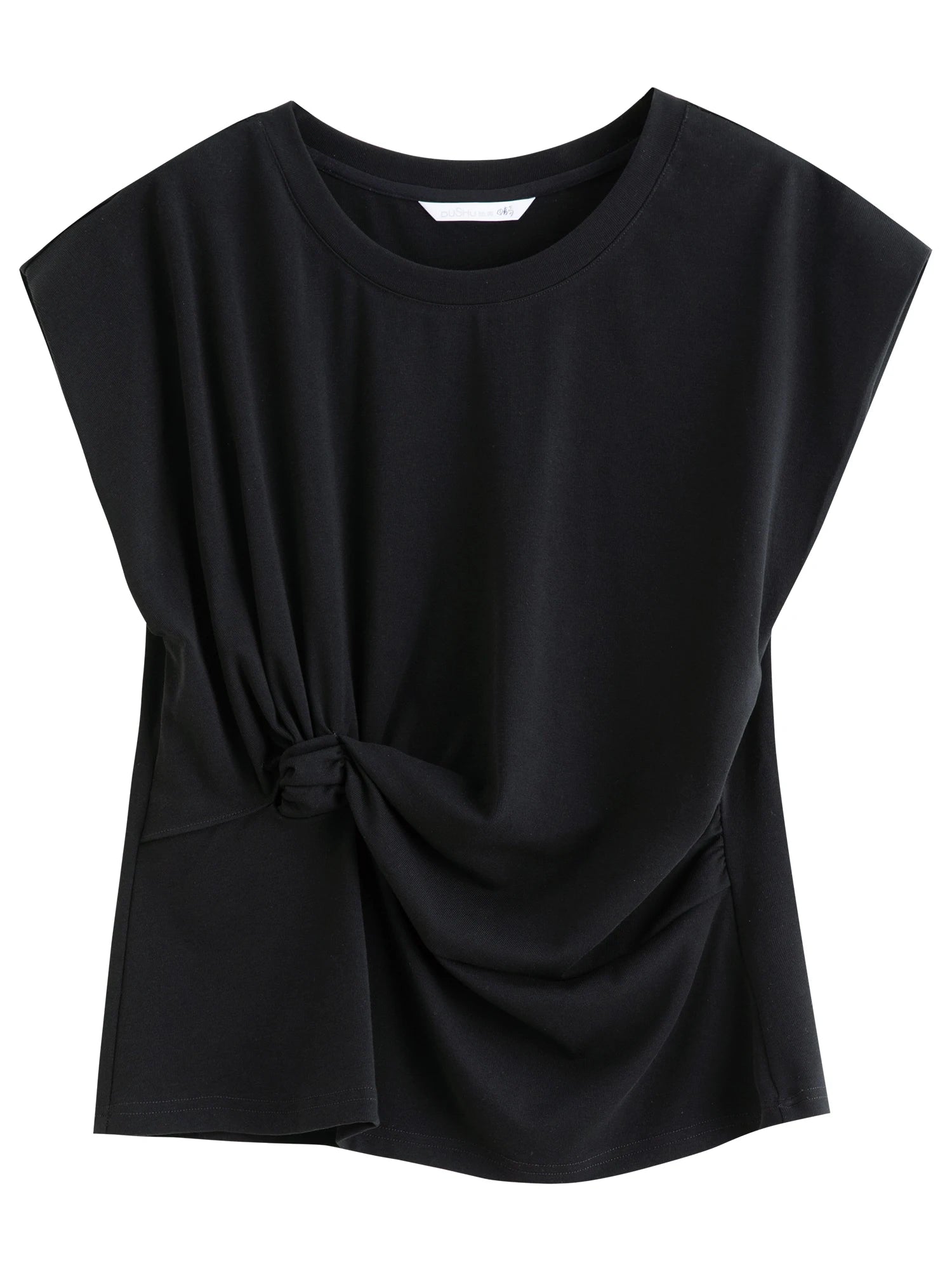DUSHU 2025 Summer Women's Cinched Waist T-Shirt - Flattering Silhouette Short Sleeve Top with Stylish Design Details
