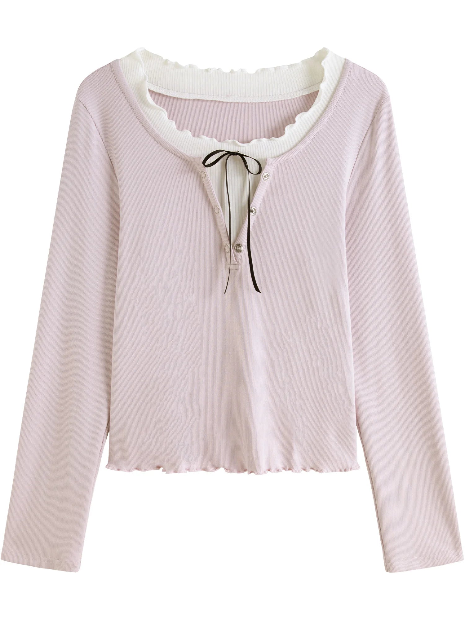 DUSHU Plus Size Women Sweet U-neck Ruffled Stitching Fake Two-piece Top 2025 Spring Knitted Casual Loose T-shirt 25DS81194