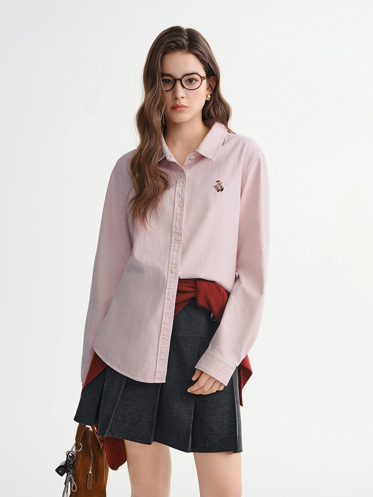 DUSHU Plus Size Women's Denim Shirt with Bear Embroidery American Retro Style Autumn Winter 2025 Slimming Fit Casual Top Blouse
