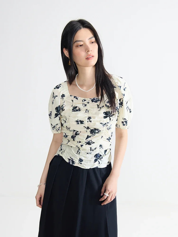 DUSHU Women Floral Chiffon Blouse Square Neck Short Sleeve Summer Thin Female Short Pullover Shirt Tops 24DS82748