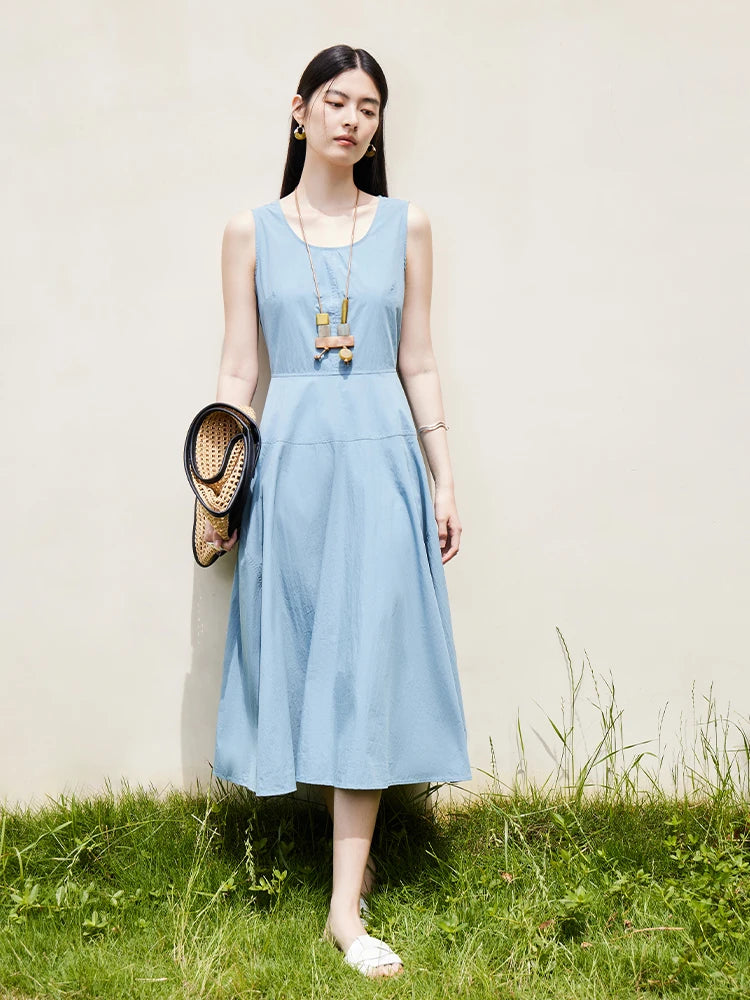 DUSHU White Sleeveless Women Summer Long Dress Cotton Blend Simple Temperament Blue Office Lady Big Hem Dress 24DS82849