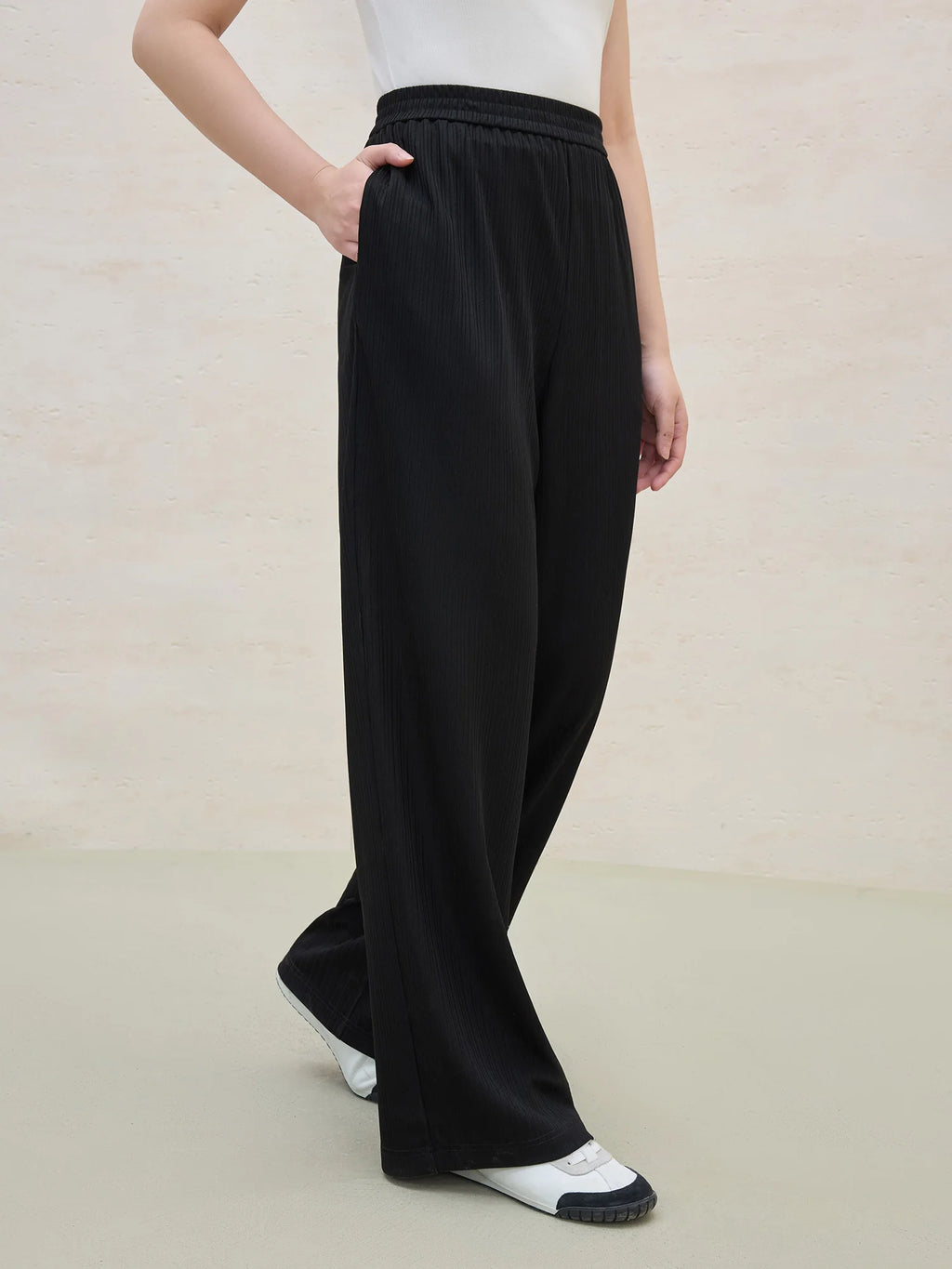 DUSHU Minimalist Style Black Stretch Women Wide-leg Pants 2025 Summer New Arrival Versatile Casual Chic Trousers 25DS82237