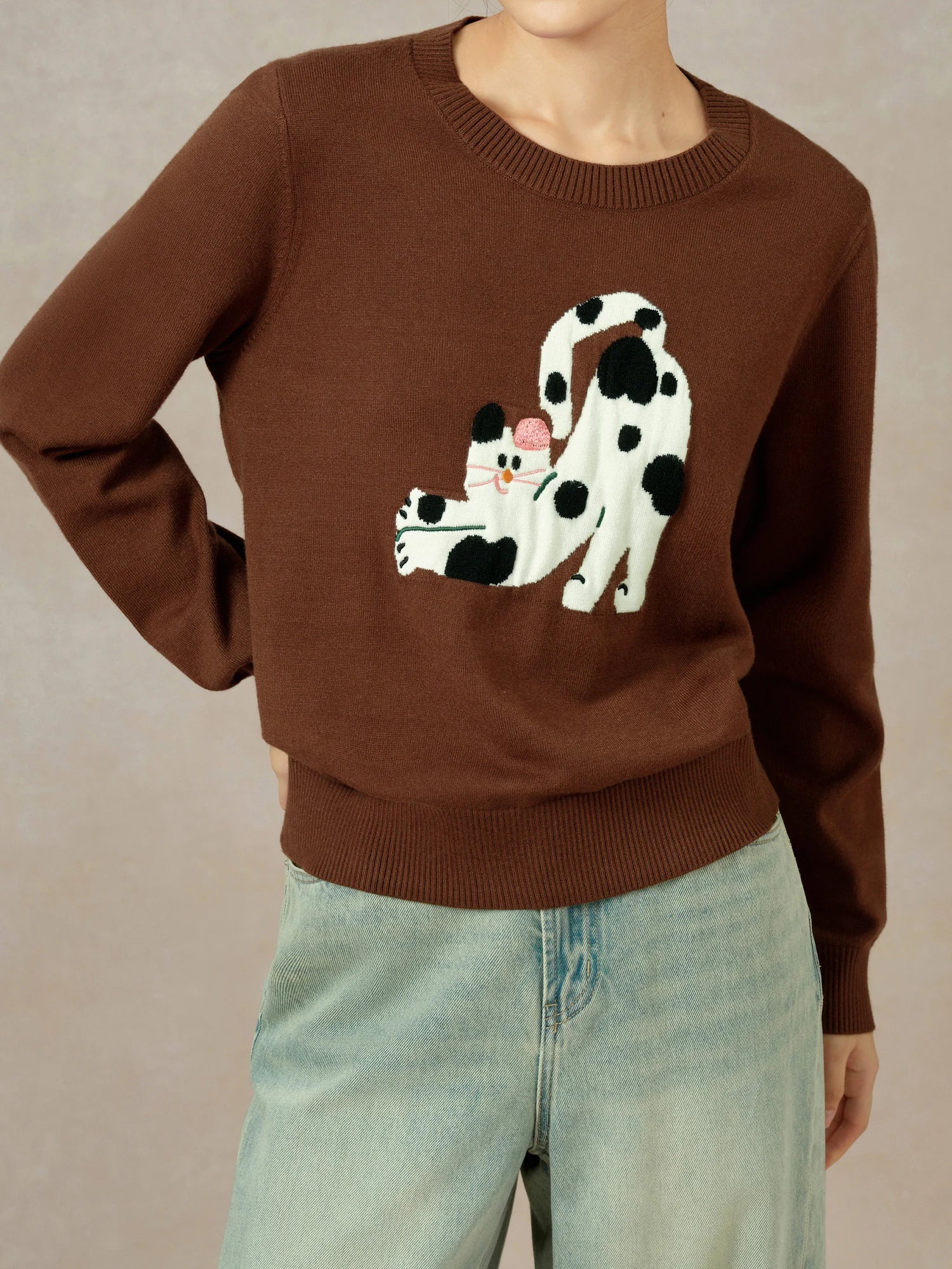 DUSHU Women Sweater Embroidered Pullover Tops Knitted T-shirt Autumn Round Neck Soft Long Sleeve Top 24DS83025+24DS83367