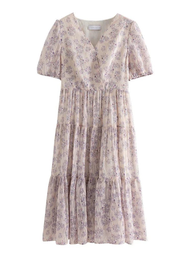 DUSHU【2 Colors】Women V-Neck Yellow Floral Long A-LINE Dress Temperament Short Sleeve Mid-Calf Female Purple Dress 24DS82807