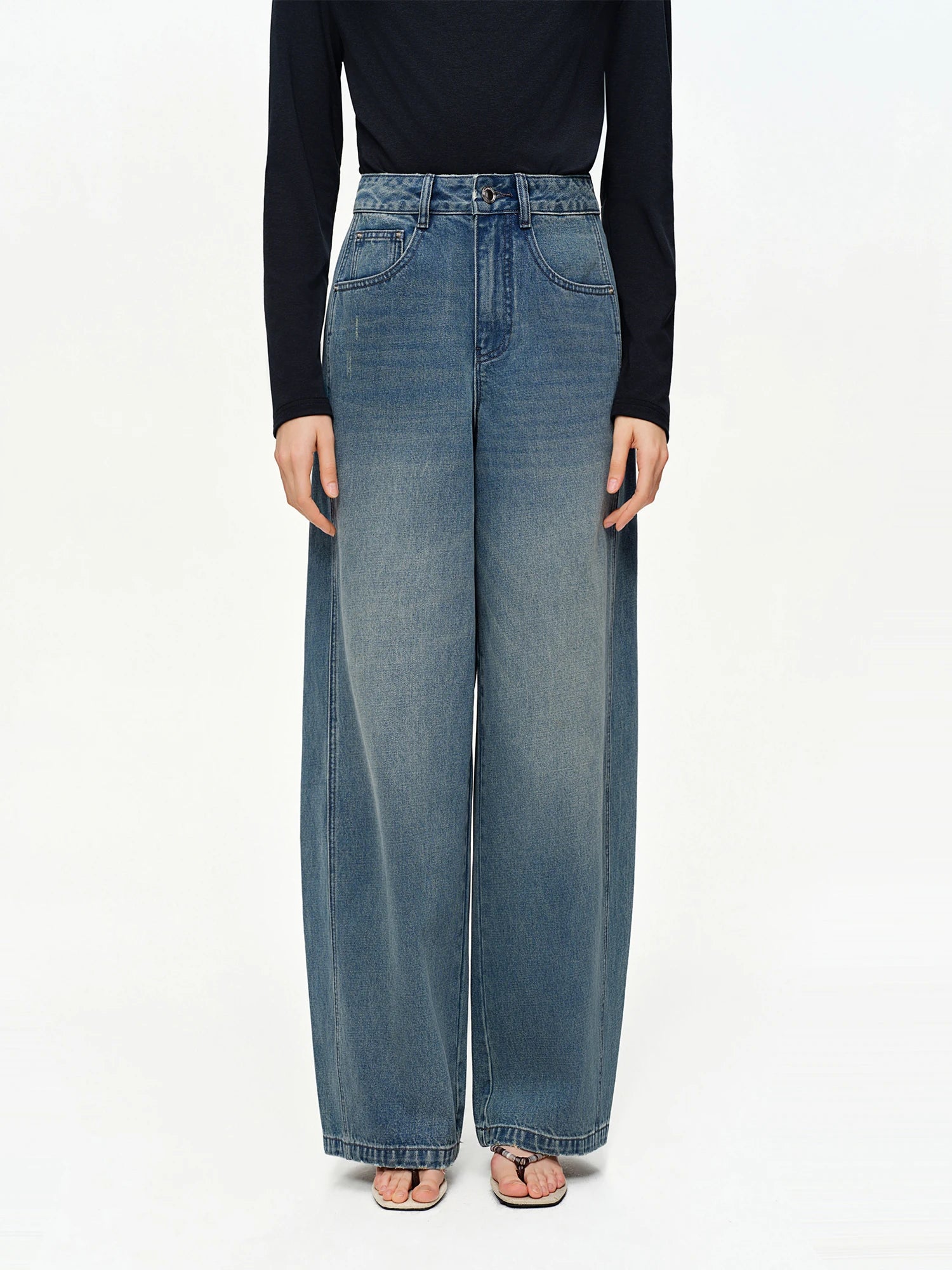 DUSHU 2026 Spring Exclusive Retro High Waist Jeans Blue Washed Cotton Curved Line BF Baggy Straight Pants