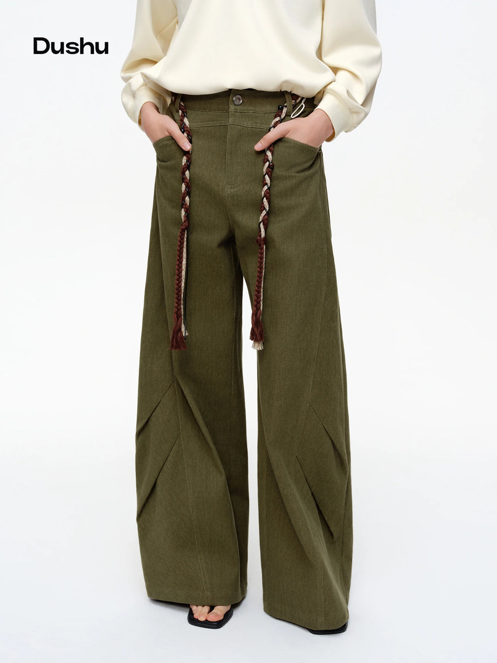 DUSHU Women's Retro Cargo Scimitar Pants 2026 Spring Loose Comfortable Casual Trousers cotton comfortable all-match fashionable