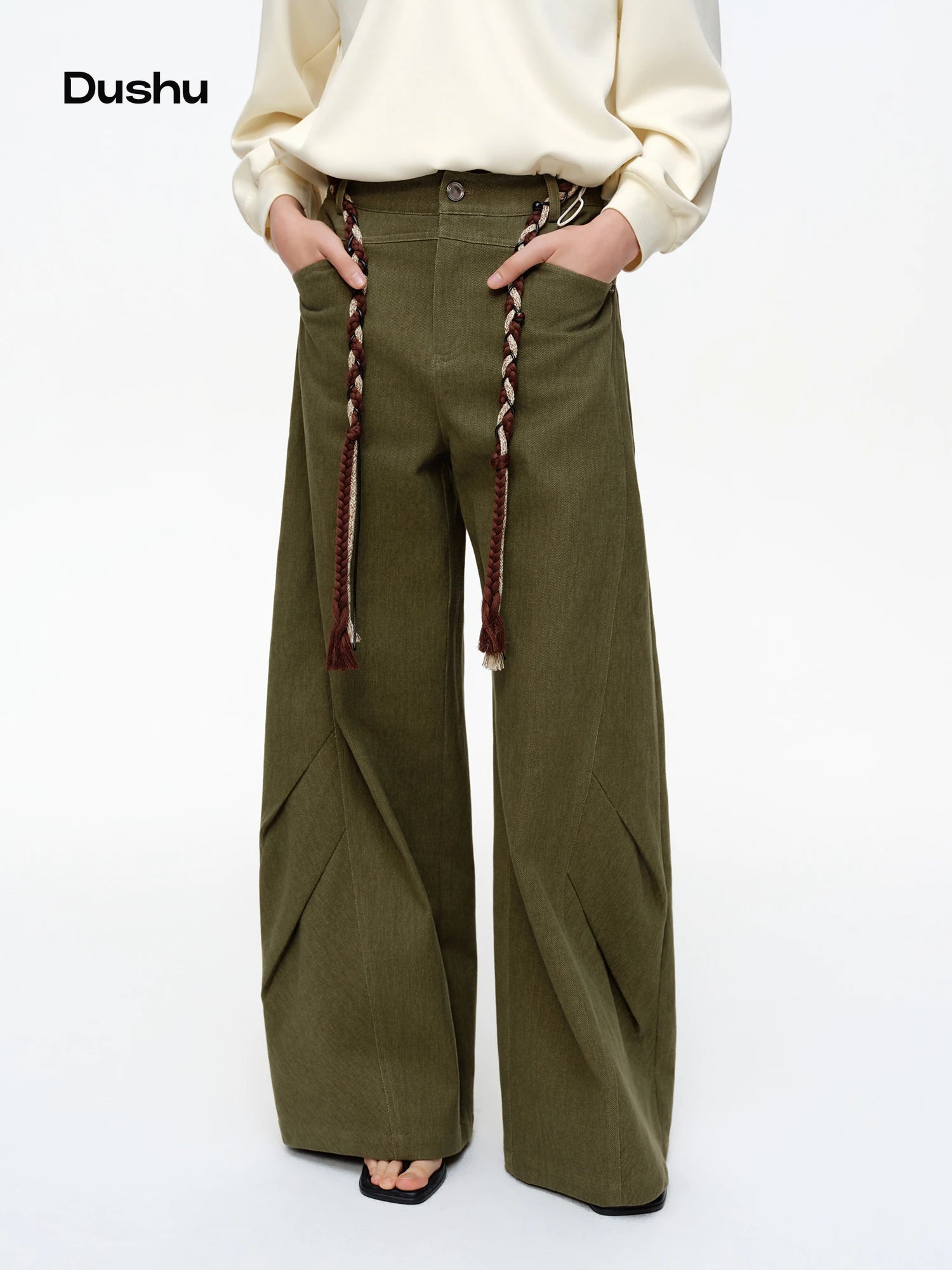 DUSHU Women's Retro Cargo Scimitar Pants 2026 Spring Loose Comfortable Casual Trousers cotton comfortable all-match fashionable