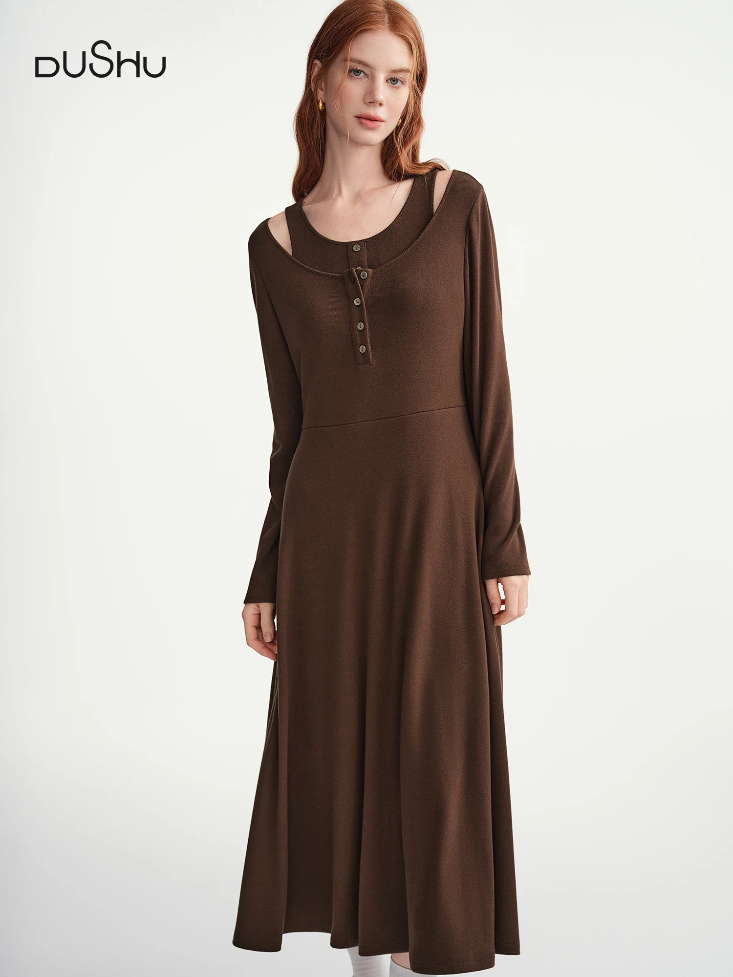 DUSHU Plus Women's Oat Coffee Two-Piece Styled Slim Fit Winter Layering Dress Plus-Size Slimming Stylish Retro-Inspired Design