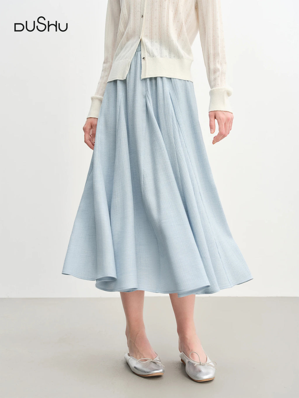 DUSHU Plus Size Women's A-line White Half Skirt 2025 New Autumn Arrival Pleated Textured Long Skirt 25DS83188