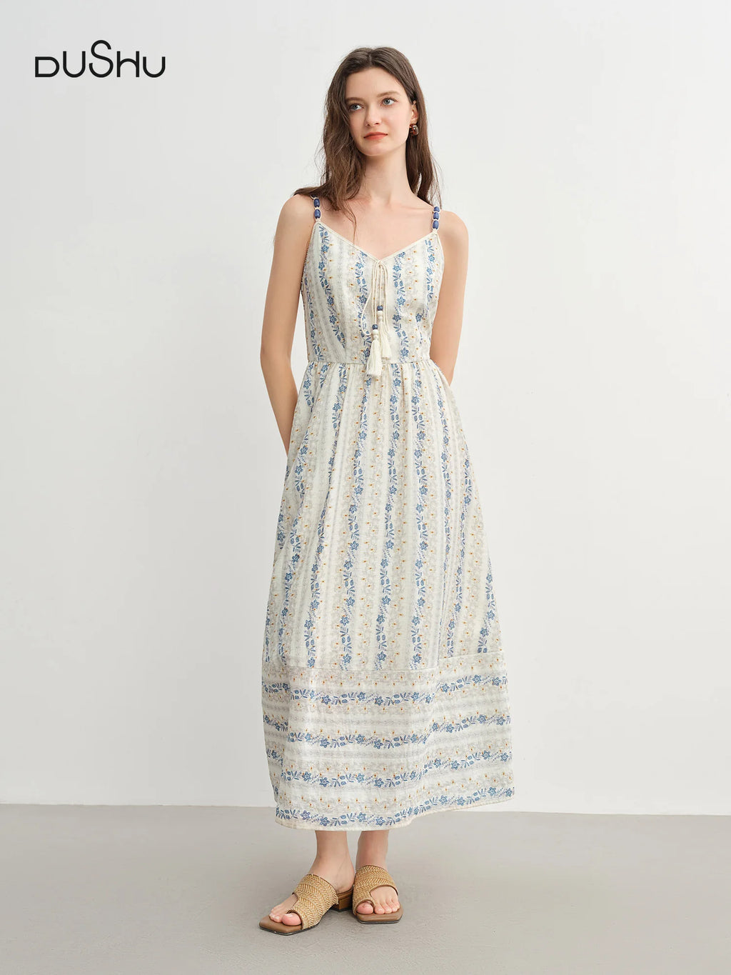 DUSHU Summer 2025 Textured Bead Sundress - Fluid Tassel Adjustable Tie Resort to Office Casual Fresh Style