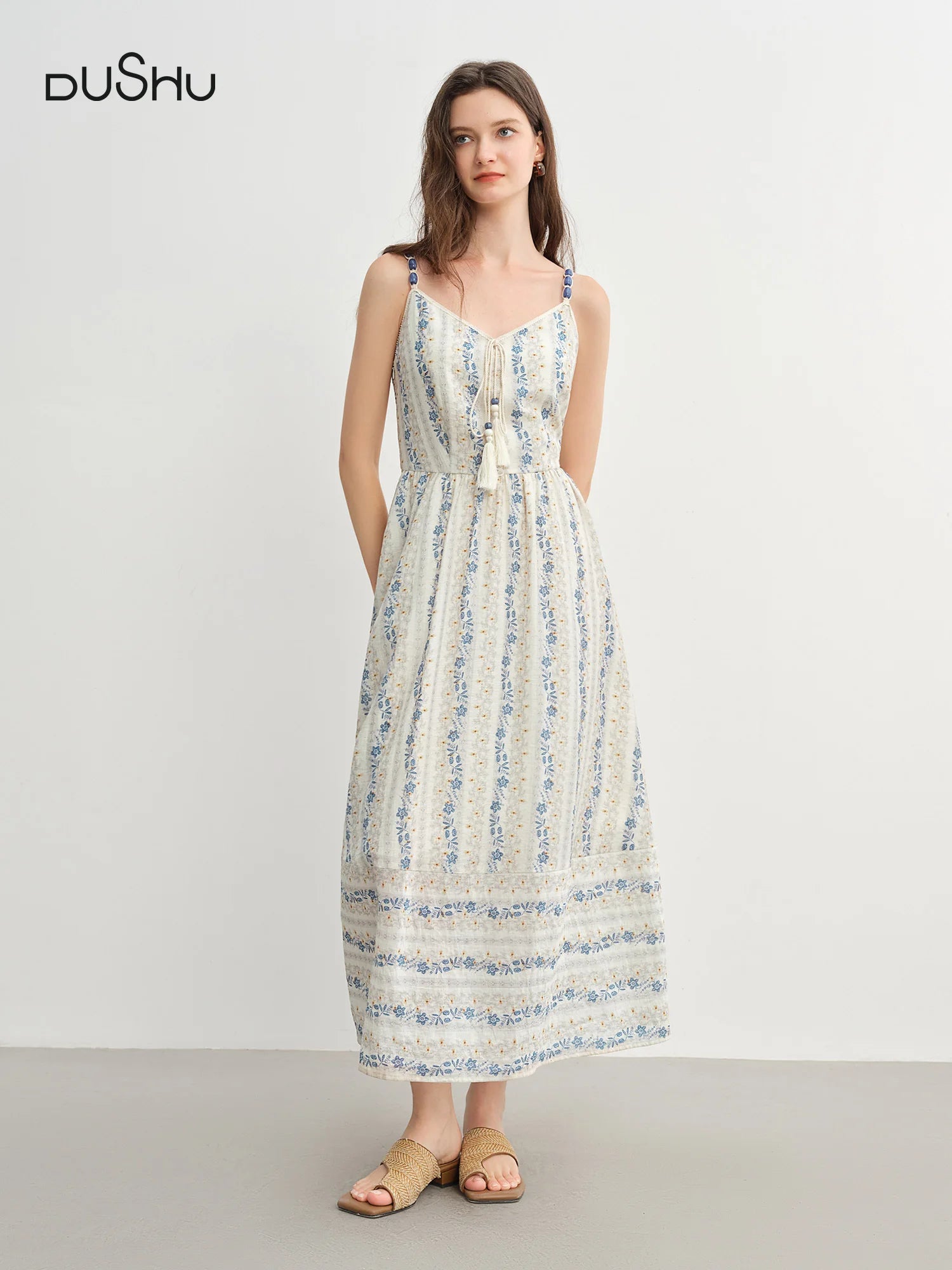 DUSHU Summer 2025 Textured Bead Sundress - Fluid Tassel Adjustable Tie Resort to Office Casual Fresh Style