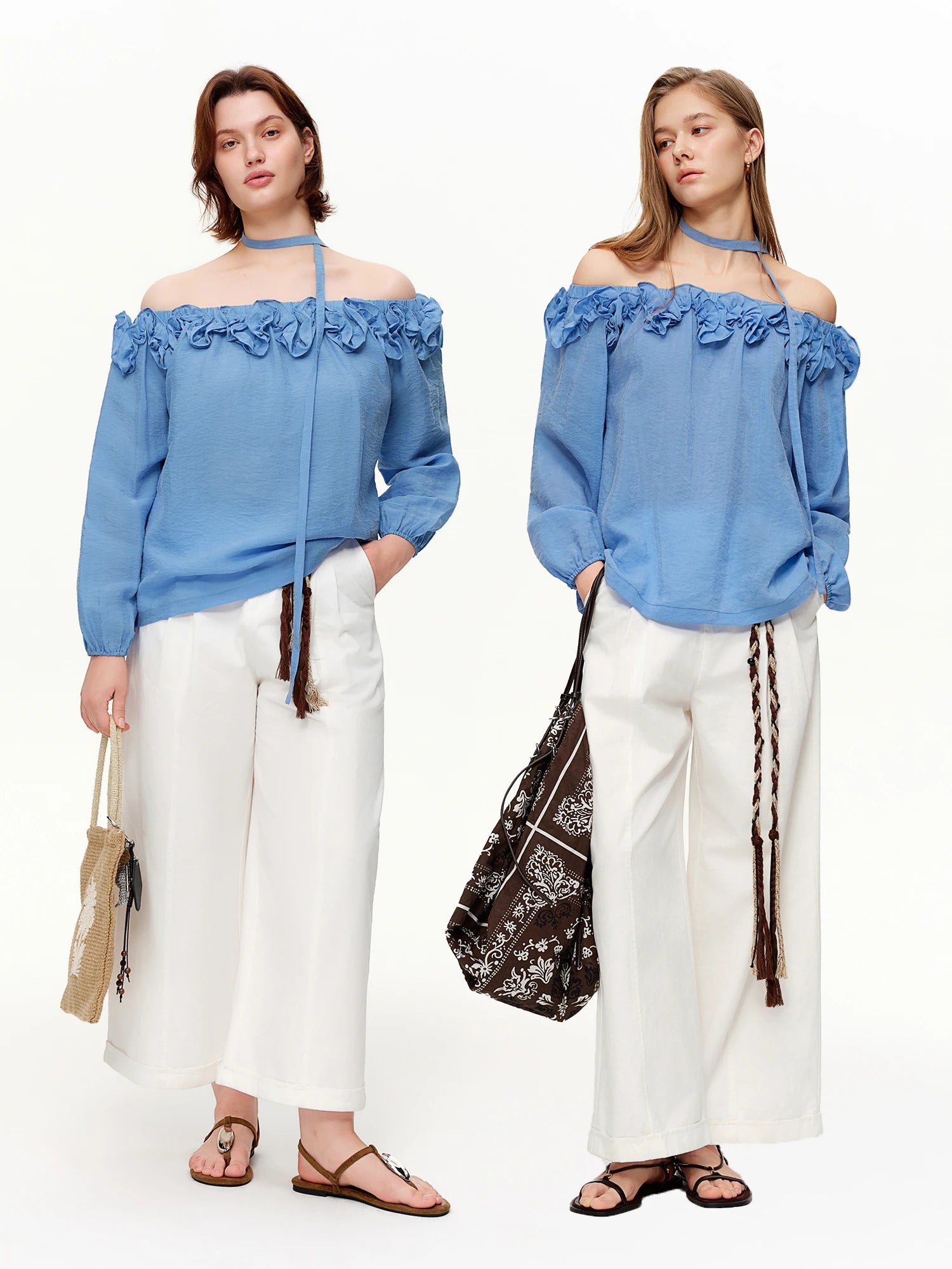 DUSHU 2026 Spring New Arrival Women's Off Shoulder Blouse, 3D Flounce Trim Cupro Top for Y2K Retro Soft Touch Style Chic Shirt