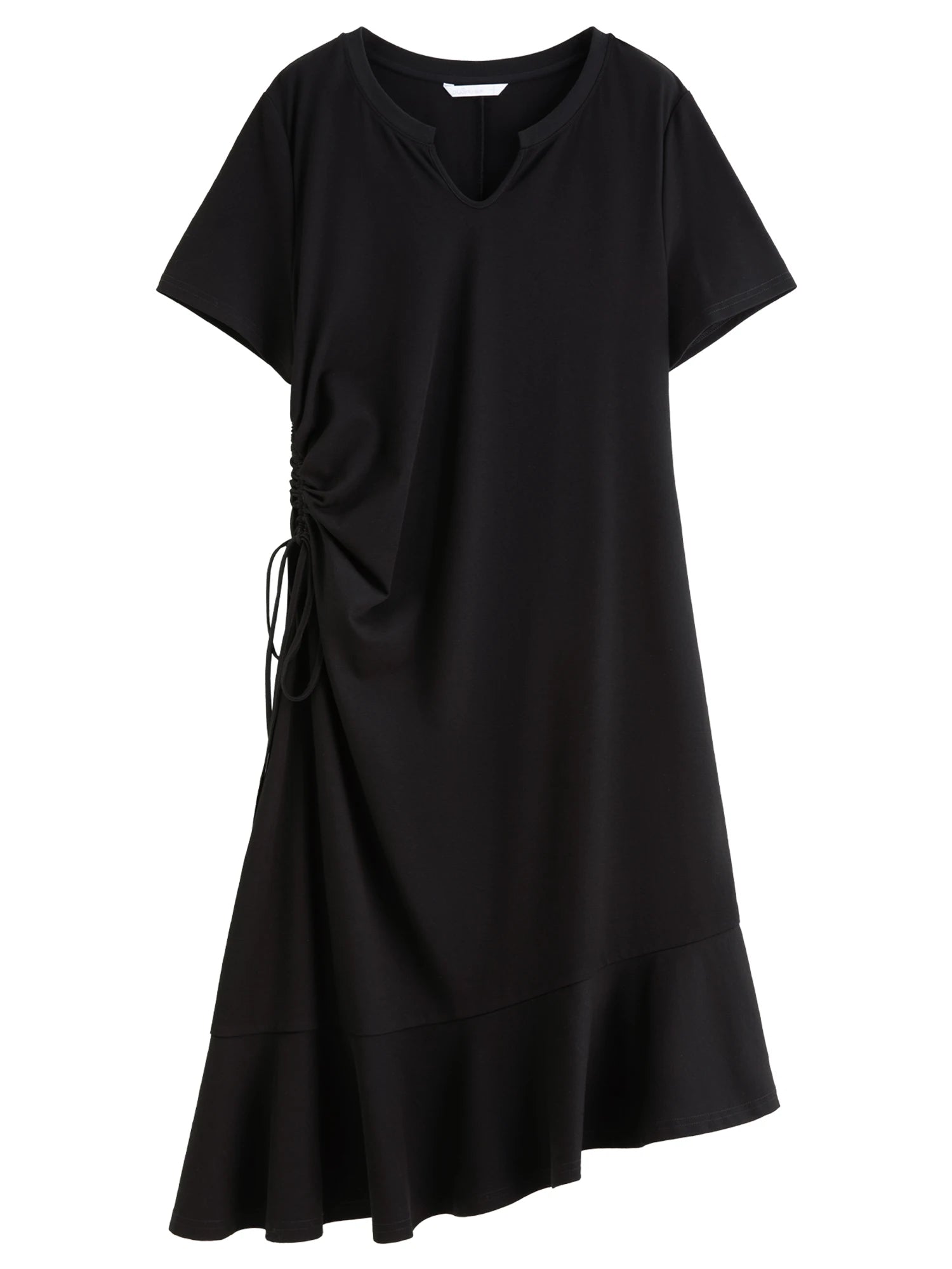 DUSHU 2025 Summer Women's V-Neck Drawstring Waist Dress - Elegant Casual Flowy A-Line Midi Length
