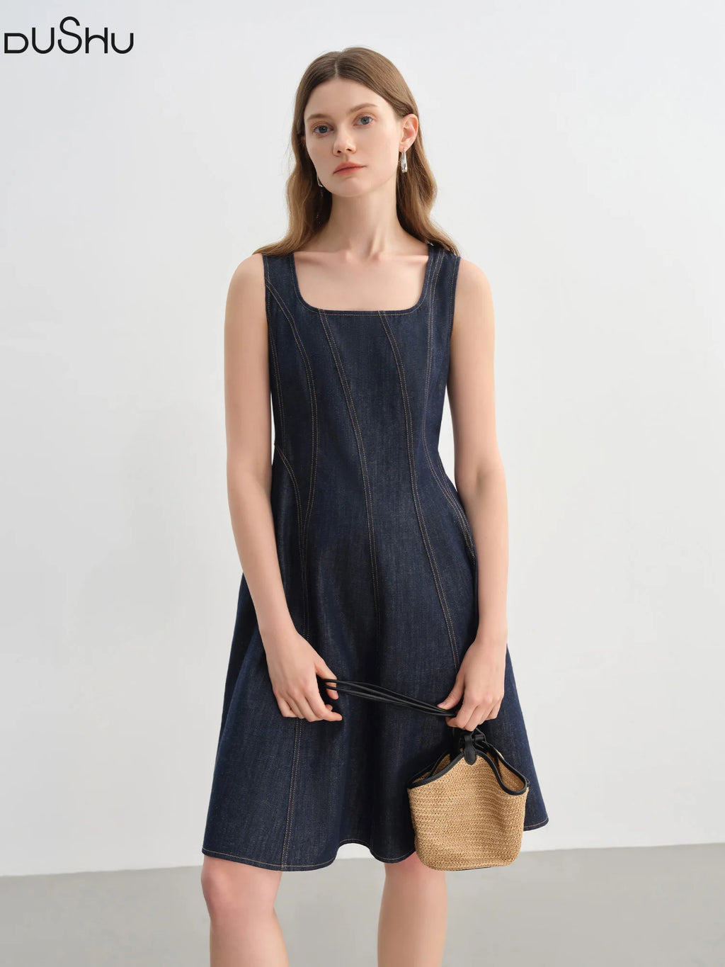 DUSHU Plus Size Denim Dress Women Summer Lyocell Tencel Breathable Slim Vest Dress Line Carved Dress 25DS82810