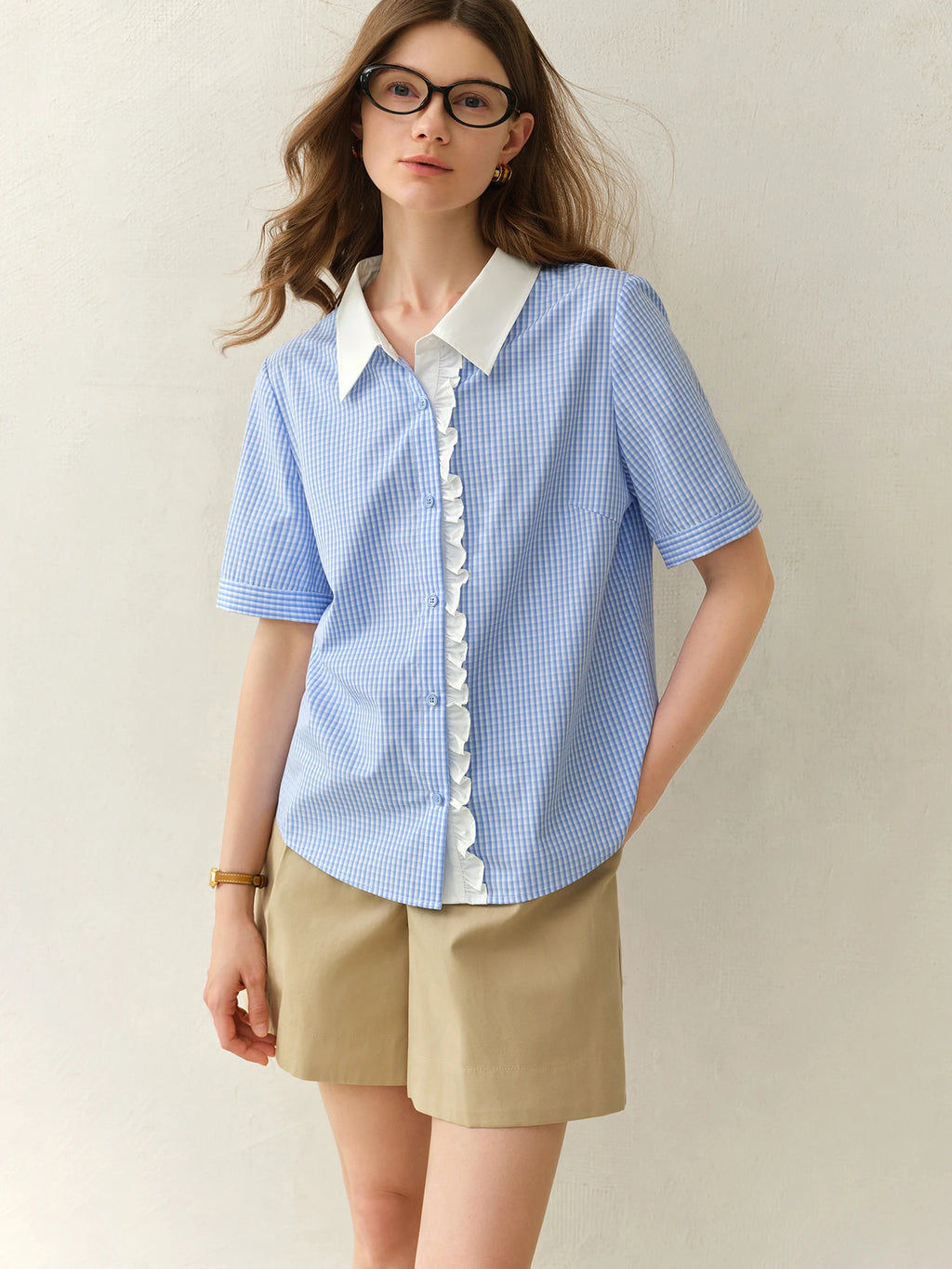 DUSHU Plus Size Retro Style Blue Plaid Short-sleeved Shirt 2025 Summer New Tops Lyocell Lace Stitching Chic Shirt 25DS82388