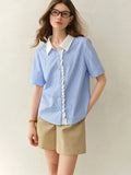 DUSHU Plus Size Retro Style Blue Plaid Short-sleeved Shirt 2025 Summer New Tops Lyocell Lace Stitching Chic Shirt 25DS82388