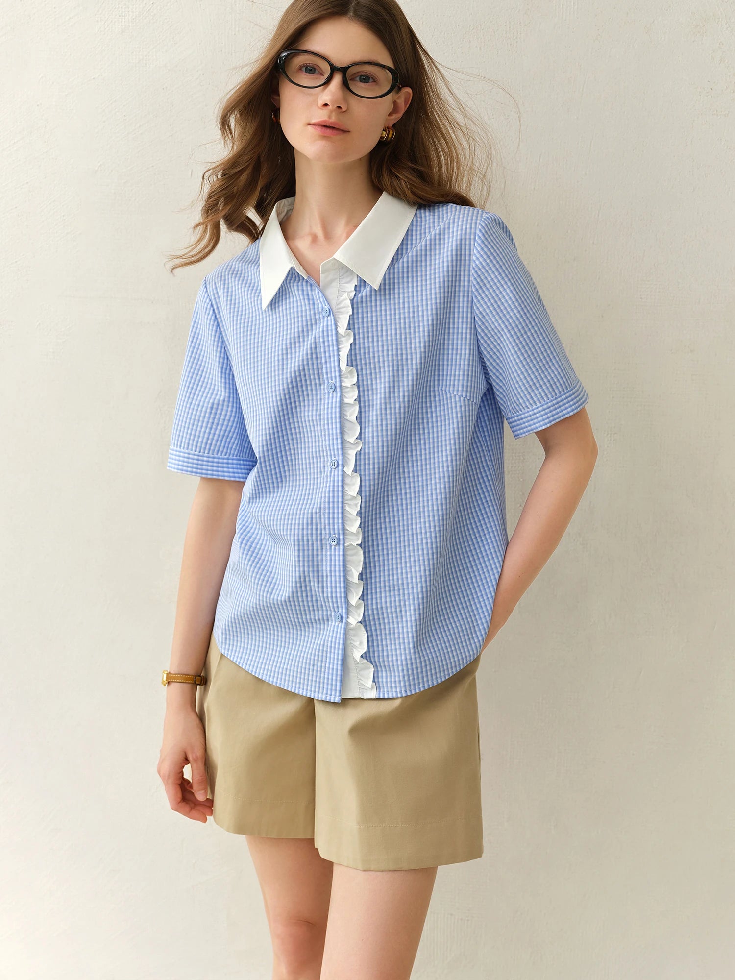 DUSHU Plus Size Retro Style Blue Plaid Short-sleeved Shirt 2025 Summer New Tops Lyocell Lace Stitching Chic Shirt 25DS82388