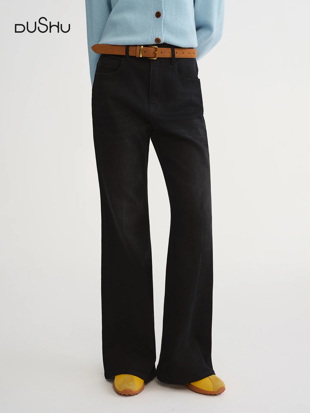 DUSHU Women High-Waist Wide Leg Trousers 2025 New Flared Dress Pants for Office Elastic Waist Stretchy Classic Black Work Pants
