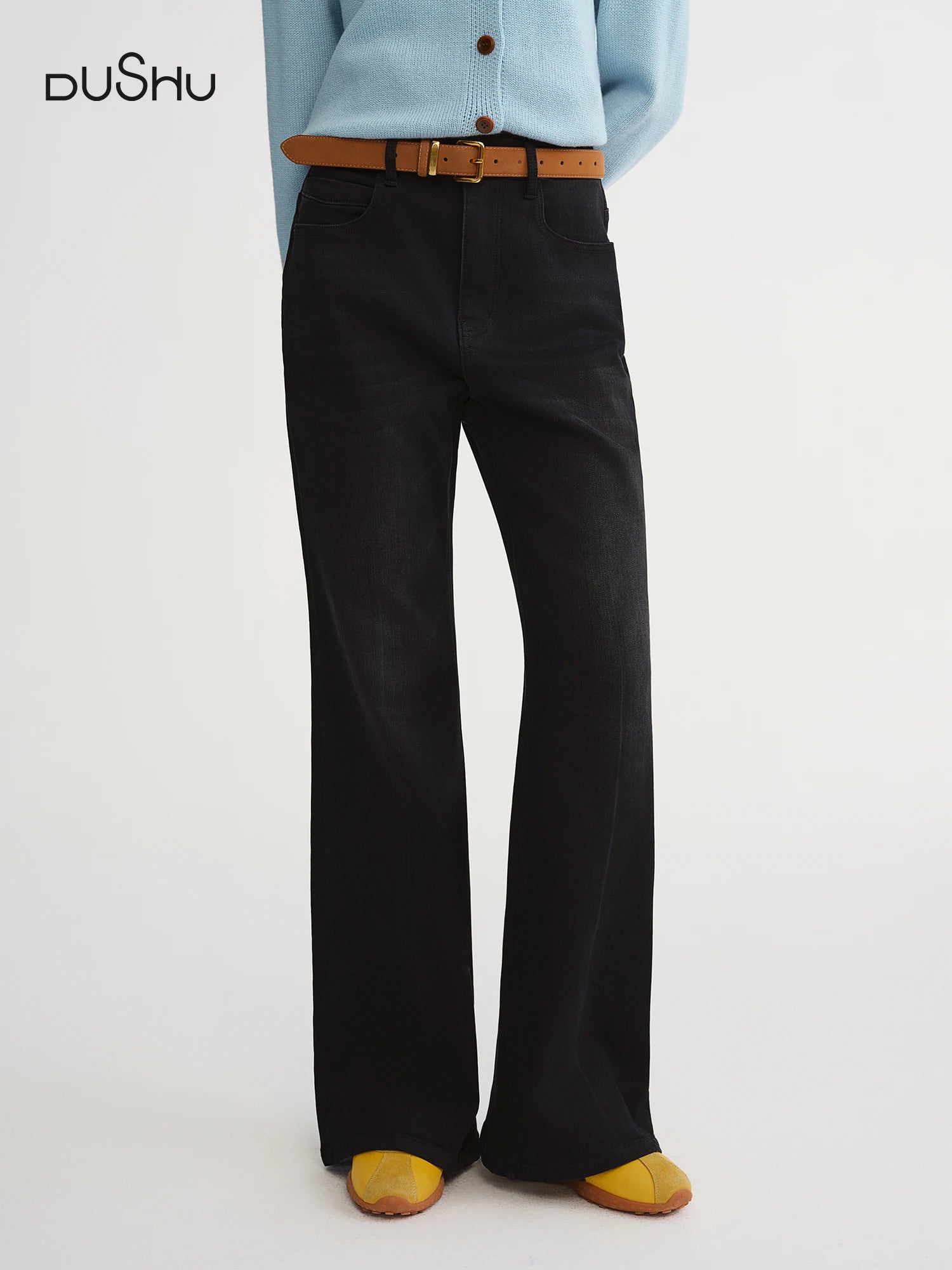 DUSHU Women High-Waist Wide Leg Trousers 2025 New Flared Dress Pants for Office Elastic Waist Stretchy Classic Black Work Pants