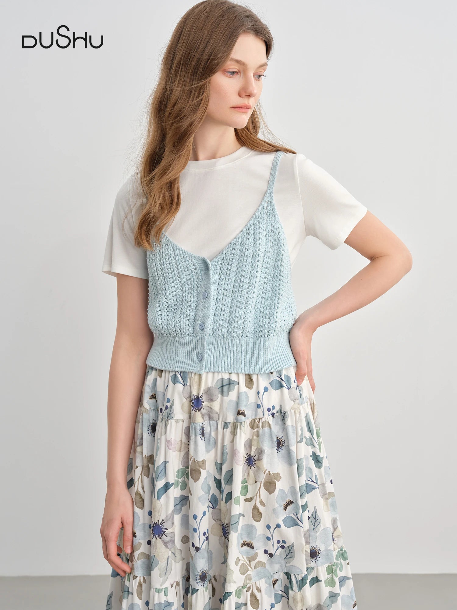 DUSHU Women's Simple Woven T-shirt Suspenders Suit 2025 Summer New Fashion Slim Two-piece Suit 25DS82766