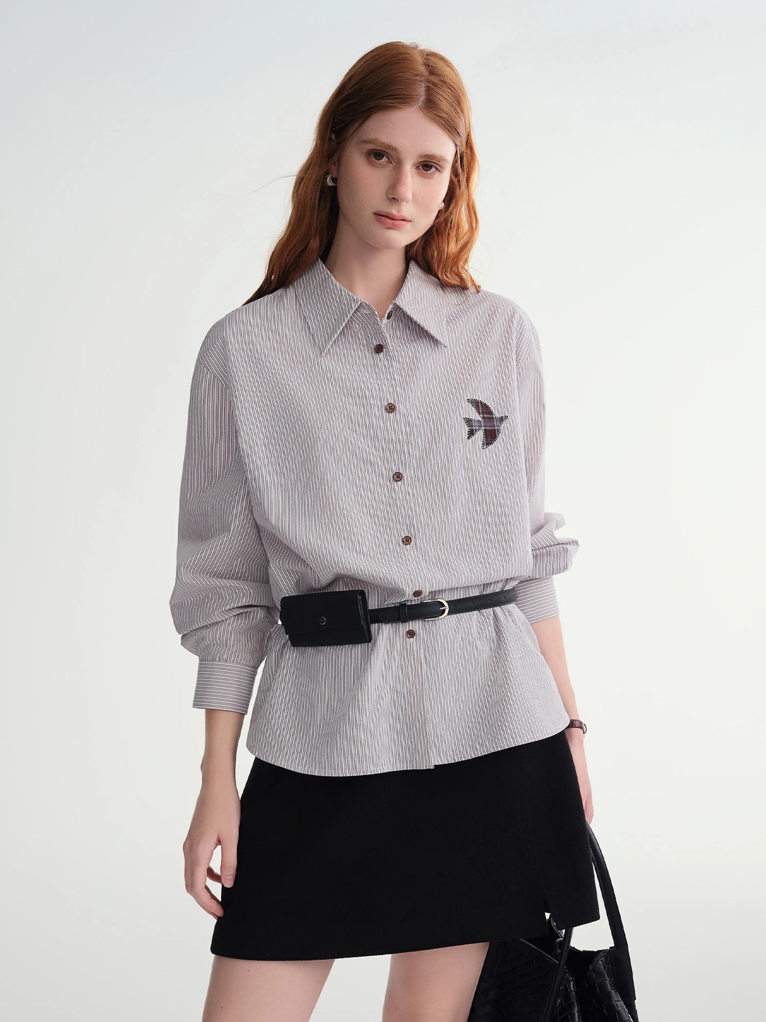 DUSHU Plus-Size Women Fashion The Birds Artistic Checkered Applique Embroidery Stripe Shirt  Winter 2025 Collection Women Shirt