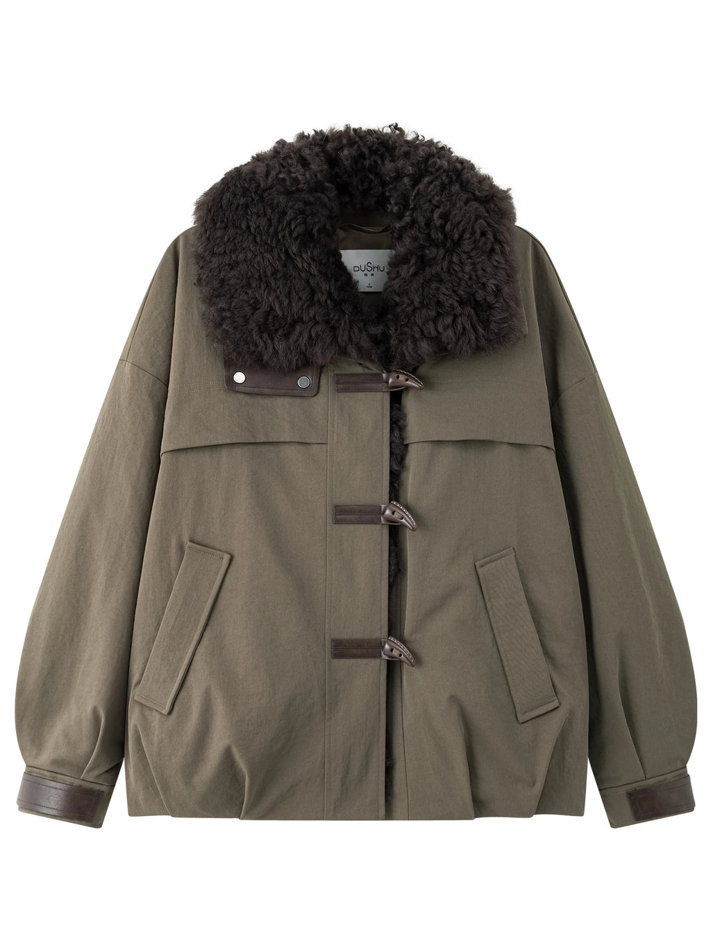 DUSHU【Lovely Christmas】2025 Winter Plus Size Block Faux Shearling Collar Short Puffer Coat Thick Lapel Hooded Cropped Jacket