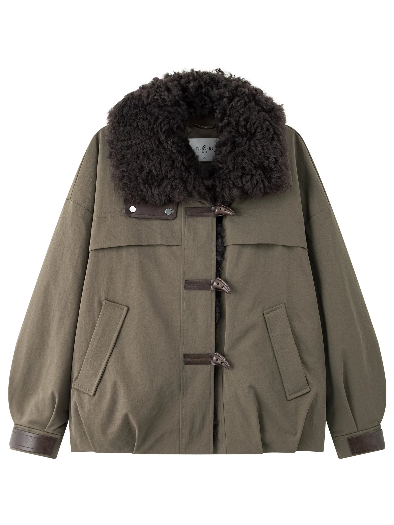 DUSHU【Lovely Christmas】2025 Winter Plus Size Block Faux Shearling Collar Short Puffer Coat Thick Lapel Hooded Cropped Jacket
