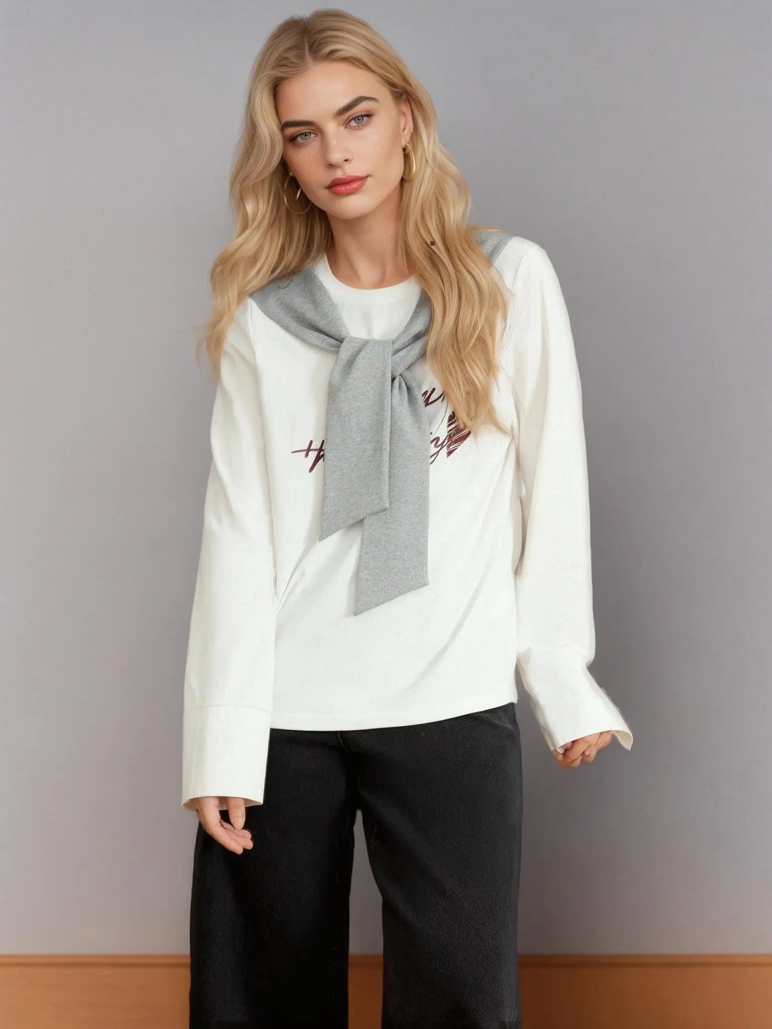 DUSHU Plus Size Shawl Loose Letter Print Long-sleeved T-shirt For Women 2025 Spring Commuting Fashion All-match Top 25DS81071
