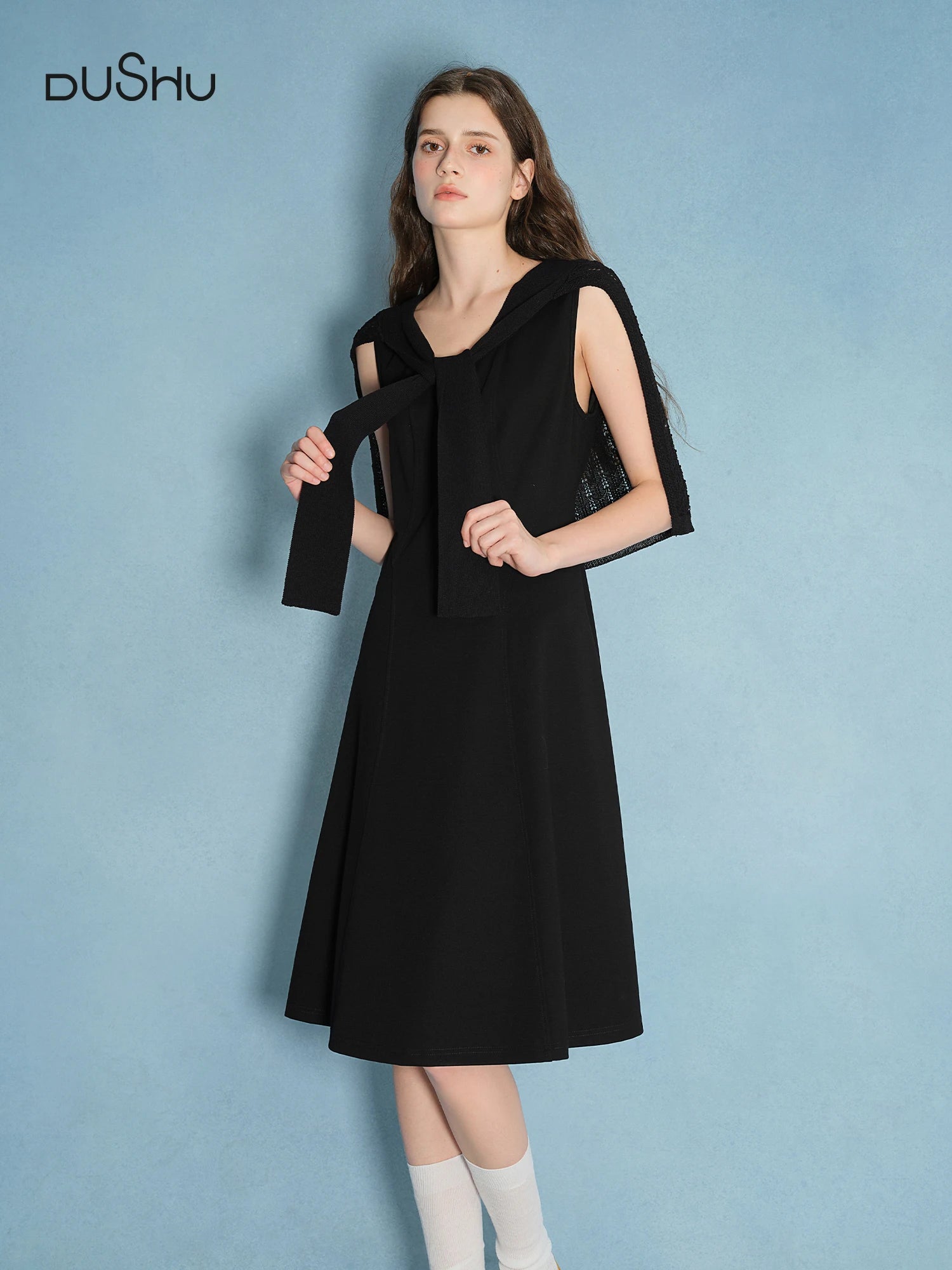 DUSHU Plus Size Women Black Dress Officelady 2025 Autumn New Black Dress Slim Skirt Sleeveless Long Dress 25DS83185+25DS83252