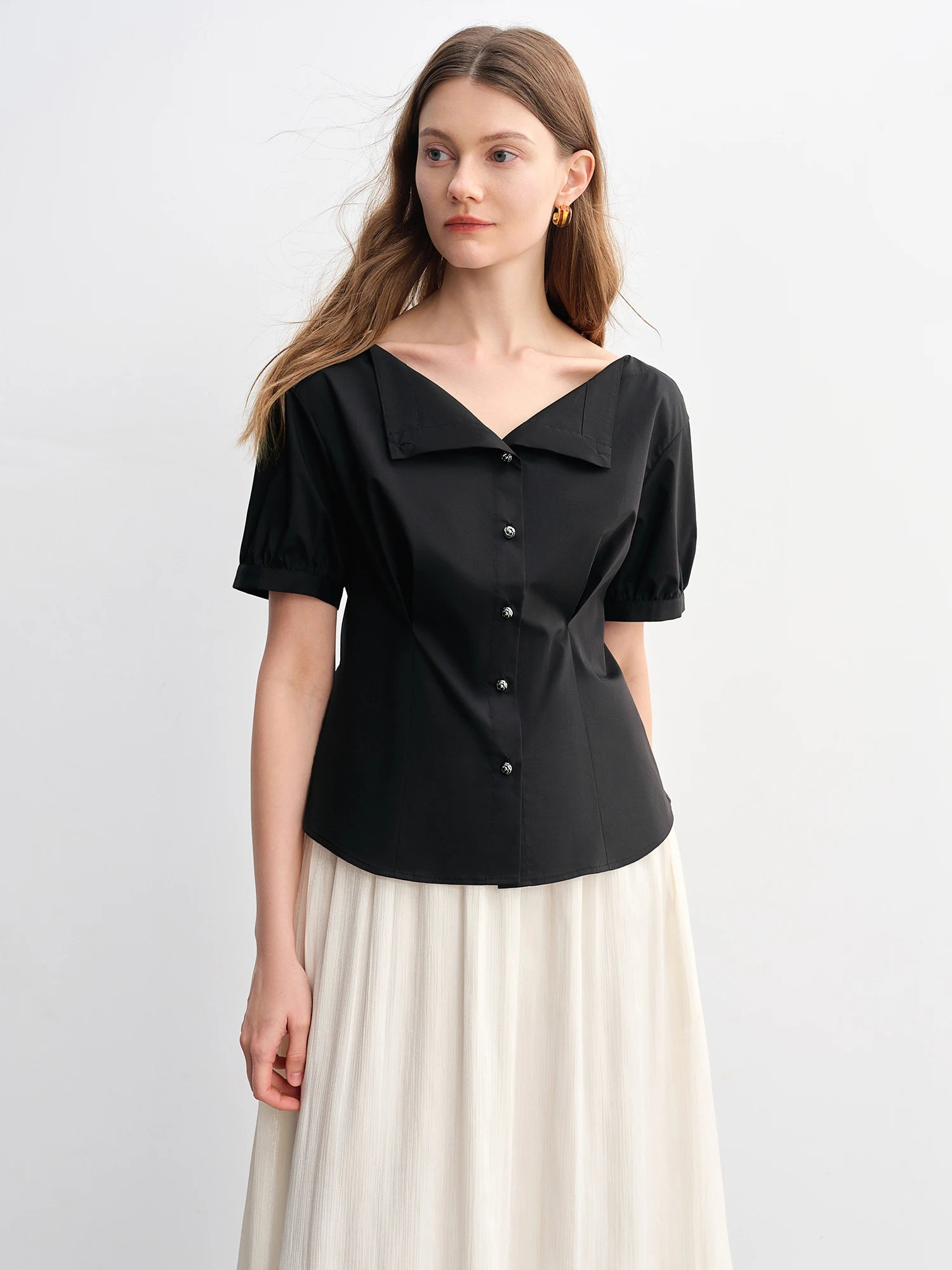 DUSHU Simple Elegance Solid Color Strapless Slim-Fit Summer Top Women Shirts Black White Blouses Tees 25DS82987