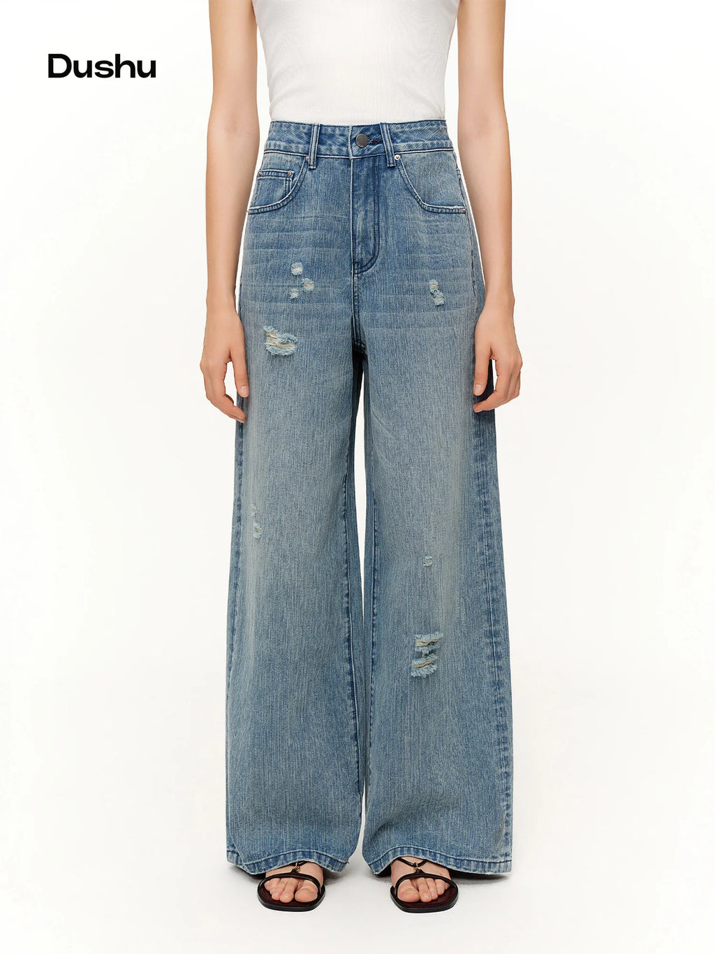 DUSHU Ripped Denim Wide-Leg Loose Jeans 2026 Spring New Arrival Casual Slimming Design Floor Lenghth Long Cotton Contain Pants