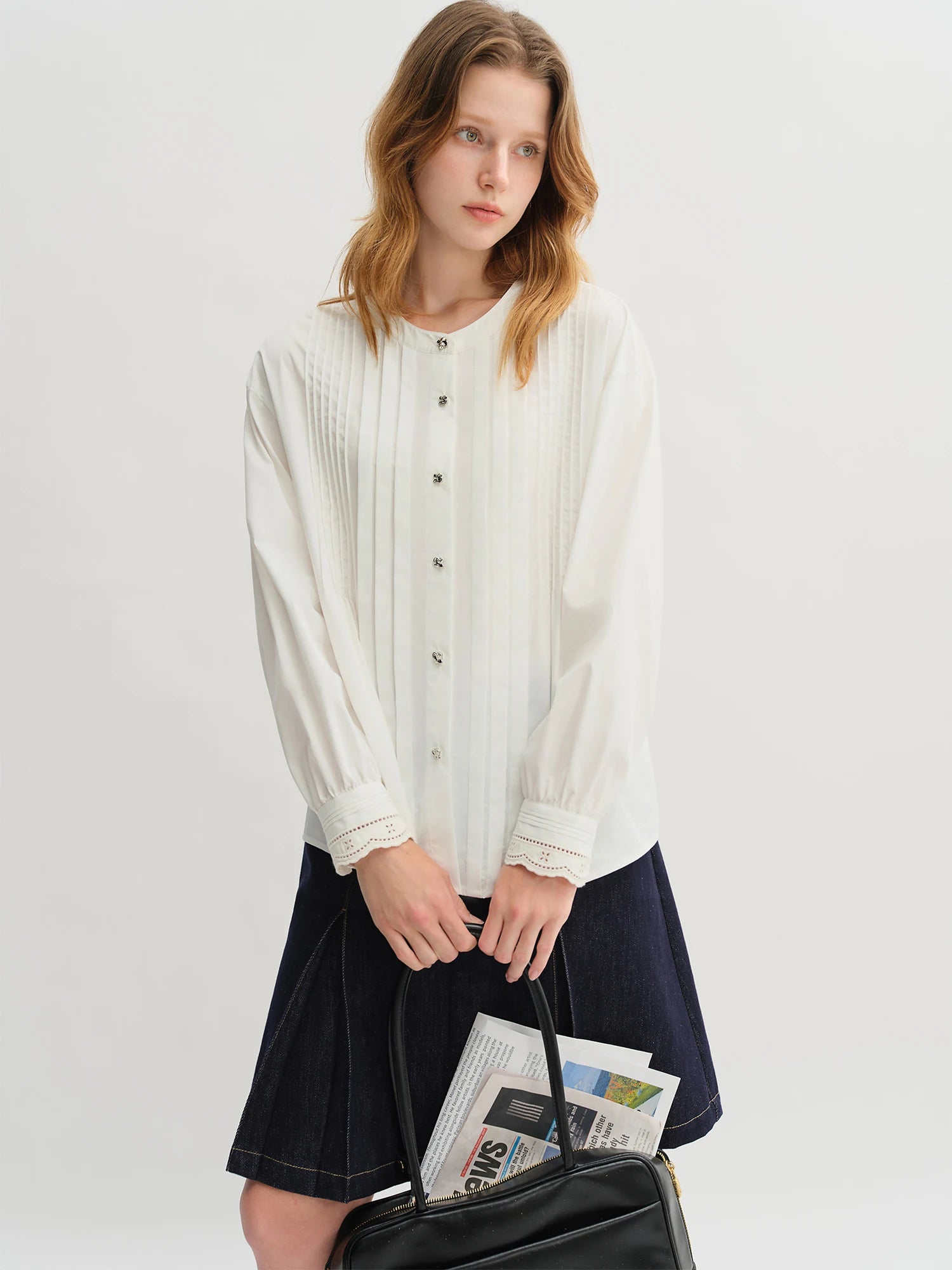 DUSHU Plus Size Women's Autumn 2025 New Design Embroidered Cuff Long Staple Cotton Shirt 25DS83148