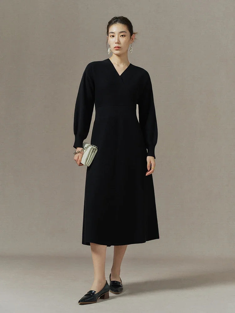 DUSHU Office Lady Women's Hepburn Style Style V-Neck Knitted Dress Autumn Winter New Slim Black Dress For Women High Waist